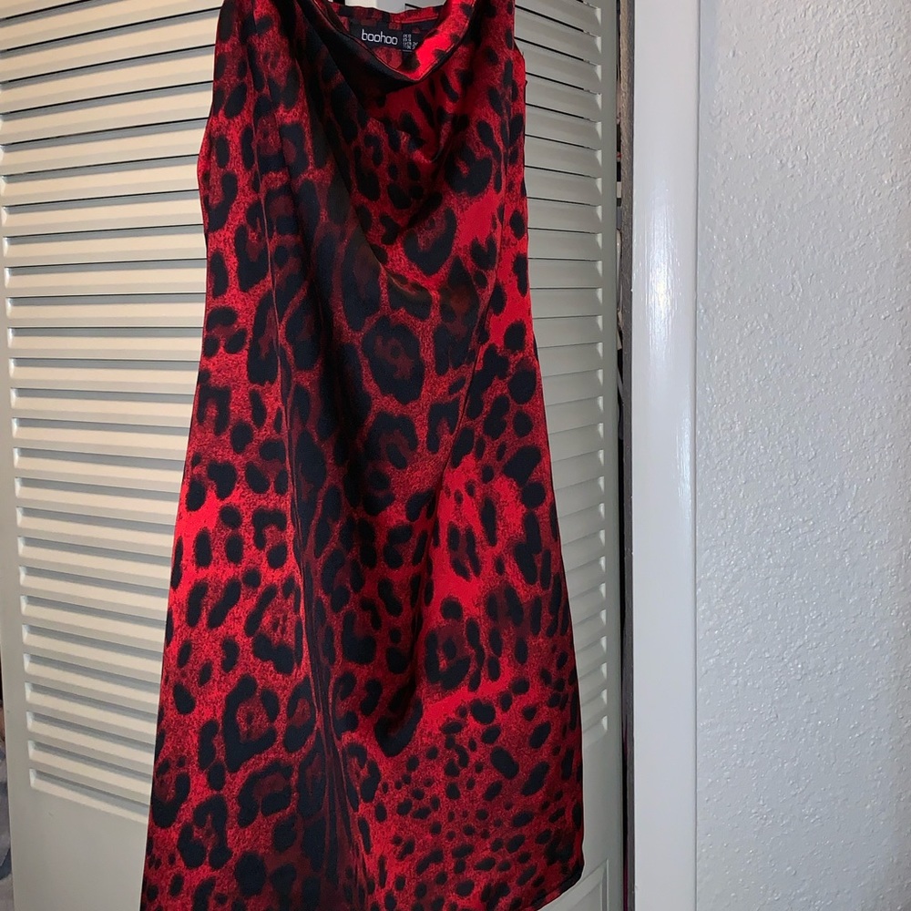 Boohoo Red Cowl Neck Leopard Print Dress